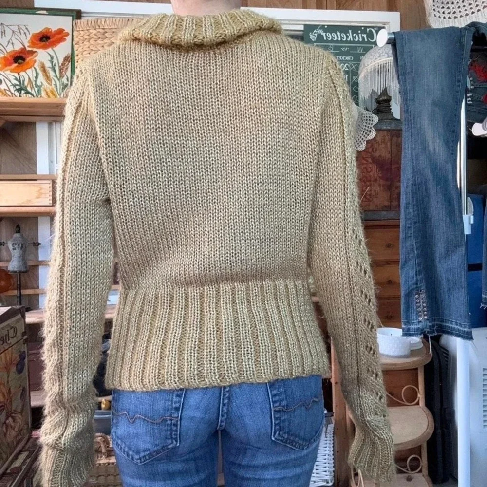 BCBGIRLS Gold Metallic Knit Cardigan Sweater Mustard Yellow Pointelle Button Up - Picture 6 of 8